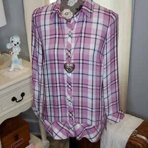 J.Jill Purple Plaid Rayon Ruffle Hem Blouse SP Small Petite